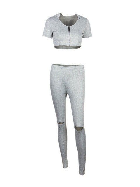 Two Pieces Jumpsuit Hooded Crop Open Knee V Neck Short Sleeve Gray Fitness Bodycon Overalls For Women 2016 Playsuit
