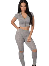 Two Pieces Jumpsuit Hooded Crop Open Knee V Neck Short Sleeve Gray Fitness Bodycon Overalls For Women 2016 Playsuit