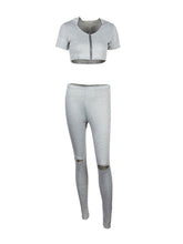 Two Pieces Jumpsuit Hooded Crop Open Knee V Neck Short Sleeve Gray Fitness Bodycon Overalls For Women 2016 Playsuit