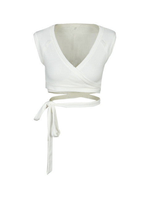 V Neck Bandage Tip Up Wrap Women Crop Top Short Sleeve Summer Casual Cropped Bralette Bralet Tops Fitness 2016 Fashion