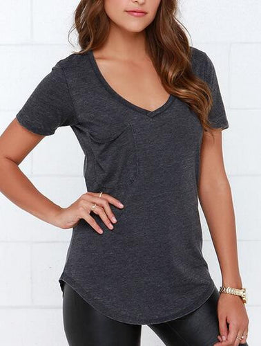 V Neck Front Pocket Short Sleeve T Shirt Women Tee Shirt Women Tshirt Summer Fashion Vogue Women Clothing Fashionable Women