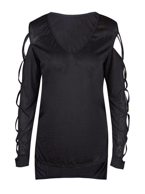 V-Neck Hollow Out High And Low Blouse Solid Full Sleeve Black Red Tops Women Fall Fashion Clothes New 2016 Autumn Sexy Blouse