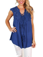 V-Neck Sleeveless Crochet Shirt Lace Patchwork Blue Tassel Blouse Fashion Women Summer Blouses 2017 Blusa Feminina