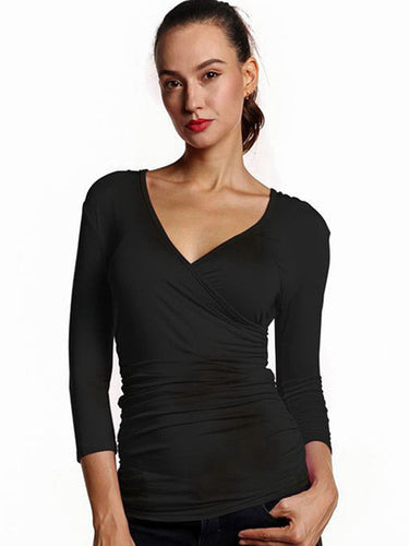 V-Neck Three Quarter Sleeve Red Blouse Solid Slim Wrap Pleated Tops Black Skinny Blouse Women Casual Bodycon 2016 Autumn Blouses