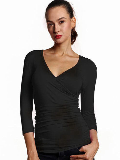 V-Neck Three Quarter Sleeve Red Blouse Solid Slim Wrap Pleated Tops Black Skinny Blouse Women Casual Bodycon 2016 Autumn Blouses