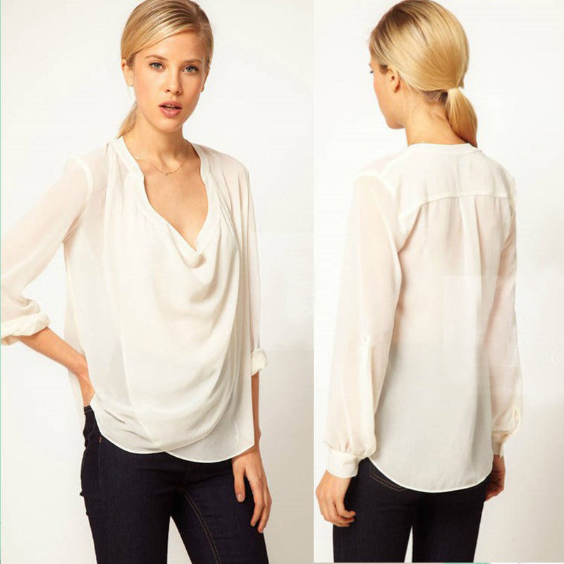 V Neck Women Blouses Draped Women Tops Blusas Blusa Feminina Camisas Femininas 2015 Vintage Sexy White Black Blouse