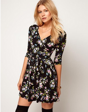 V Neck Wrap Cotton Elegant High Waist Black Floral Print Mini Short Dress Half Sleeve Sexy Flower A Line Casual Woman 2016