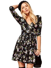 V Neck Wrap Cotton Elegant High Waist Black Floral Print Mini Short Dress Half Sleeve Sexy Flower A Line Casual Woman 2016