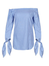 Vertical Blue Striped Off Shoulder Long Oversized Shirts Women Polyester Blue Bow Tie Loose Blouse Big Size Fashion Casual
