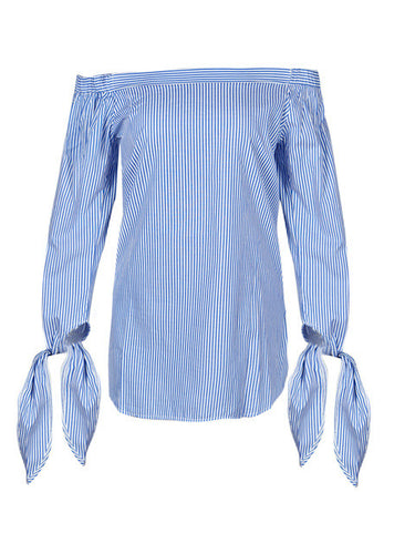 Vertical Blue Striped Off Shoulder Long Oversized Shirts Women Polyester Blue Bow Tie Loose Blouse Big Size Fashion Casual
