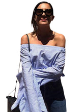 Vertical Blue Striped Off Shoulder Long Oversized Shirts Women Polyester Blue Bow Tie Loose Blouse Big Size Fashion Casual