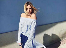 Vertical Blue Striped Off Shoulder Long Oversized Shirts Women Polyester Blue Bow Tie Loose Blouse Big Size Fashion Casual