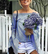 Vertical Blue Striped Off Shoulder Long Oversized Shirts Women Polyester Blue Bow Tie Loose Blouse Big Size Fashion Casual