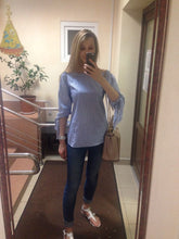 Vertical Blue Striped Off Shoulder Long Oversized Shirts Women Polyester Blue Bow Tie Loose Blouse Big Size Fashion Casual