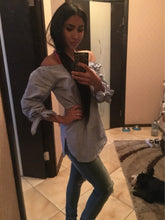 Vertical Blue Striped Off Shoulder Long Oversized Shirts Women Polyester Blue Bow Tie Loose Blouse Big Size Fashion Casual
