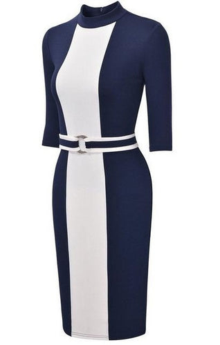 Vetrical Striped Women Work Lady Office Dress With Belt Elegant Midi Summer Dress Turtle Neck New business Formal Dress 2017