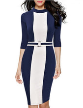 Vetrical Striped Women Work Lady Office Dress With Belt Elegant Midi Summer Dress Turtle Neck New business Formal Dress 2017