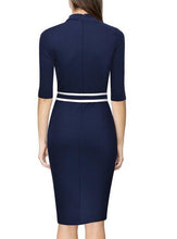 Vetrical Striped Women Work Lady Office Dress With Belt Elegant Midi Summer Dress Turtle Neck New business Formal Dress 2017