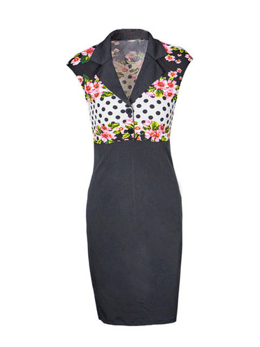 Vintage Empire V Neck Patchwork Floral Print Dot Dress Office Lady Work Dress Pencil 2016 New Style High Quality Summer Dress
