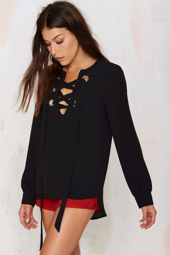 Vintage Front Lace up Black Shirt Bow Tie Up Women Chiffon Blouse Fashion Long Sleeve Shirt Office Workwear Tunic V Neck Casual