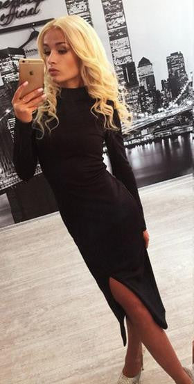 Vintage Split Women Dress Turtleneck Long Sleeve Autumn Midi Dress Black Blue Purple Stretch Casual Bodycon Dresses Robe Sexy