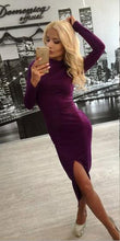Vintage Split Women Dress Turtleneck Long Sleeve Autumn Midi Dress Black Blue Purple Stretch Casual Bodycon Dresses Robe Sexy