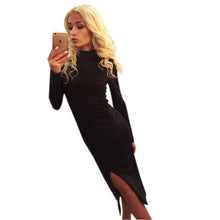 Vintage Split Women Dress Turtleneck Long Sleeve Autumn Midi Dress Black Blue Purple Stretch Casual Bodycon Dresses Robe Sexy