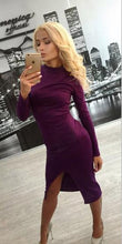 Vintage Split Women Dress Turtleneck Long Sleeve Autumn Midi Dress Black Blue Purple Stretch Casual Bodycon Dresses Robe Sexy