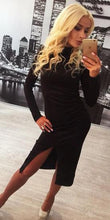Vintage Split Women Dress Turtleneck Long Sleeve Autumn Midi Dress Black Blue Purple Stretch Casual Bodycon Dresses Robe Sexy