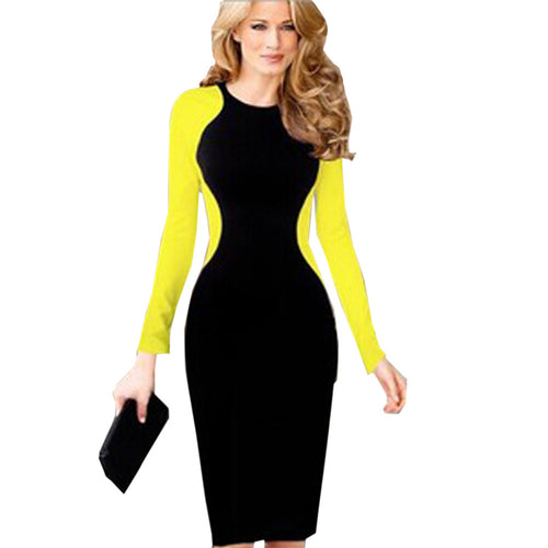 White Cotton Dresses Women Dress Autumn Plus Size XXL Contrast Slim Bodycon Pencil Dresses With Long Sleeves Elegant Office