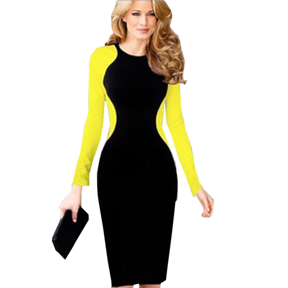 White Cotton Dresses Women Dress Autumn Plus Size XXL Contrast Slim Bodycon Pencil Dresses With Long Sleeves Elegant Office
