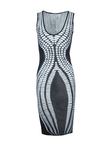 White Dot Print Geometric Pattern Women Bodycon Party Summer Dress Sleeveless Sexy Midi Black Dress Summer Dress 2016 New Style