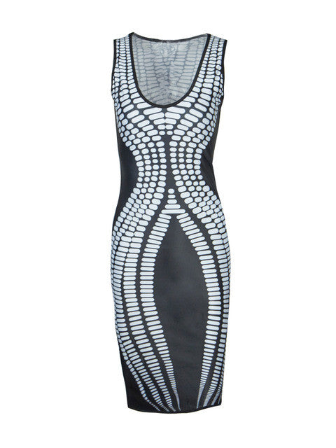 White Dot Print Geometric Pattern Women Bodycon Party Summer Dress Sleeveless Sexy Midi Black Dress Summer Dress 2016 New Style
