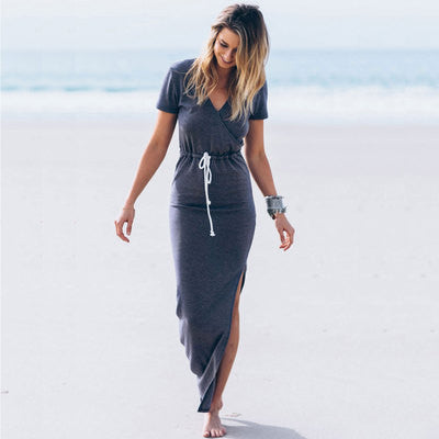 With White Belt Side Split High Slit Wrap Dress Beach Summer Casual Cotton Bodycon Long Dress Women Navy Blue Ladies 2017 New