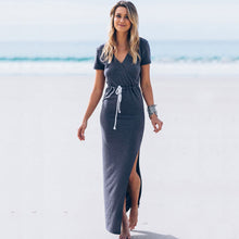 With White Belt Side Split High Slit Wrap Dress Beach Summer Casual Cotton Bodycon Long Dress Women Navy Blue Ladies 2017 New