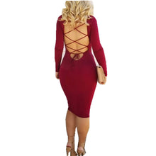Women Backless lace up ties up Dress Bow Wine Red Dress With Long Sleeve White Party Fashion Dress Bodycon Lady Dress New 2017