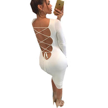 Women Backless lace up ties up Dress Bow Wine Red Dress With Long Sleeve White Party Fashion Dress Bodycon Lady Dress New 2017