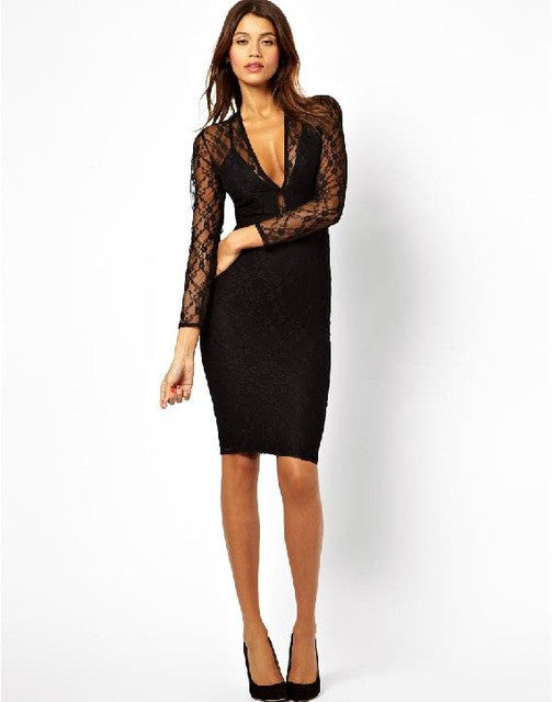 Women Black Gowns Sexy Crochet Lace Mini Dress Plus Size Stretch Dress See Through Pencil Bodycon Ball Club Dress