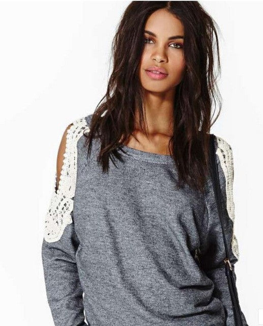 Women Lace Blouse Cut Out Long Sleeve 2015 Blusas Femininas Grey Camisa Feminina Women Shirts Tops Plus Size Ropa Mujer Shirt