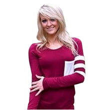 Women Long Sleeve Blouse Pocket Grey Striped Blouse Causal Tops Wine Red shirt Black Cotton Tee Autumn Plus Size Patchwork 2015