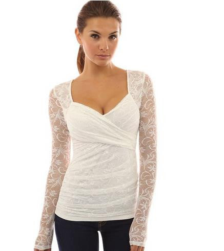 Women Long Sleeve Blouse Sexy Floral Embroidery Blouse Autumn Plus Size Fashion Casual Cute Mesh Lace Blouses White Lace Blouse