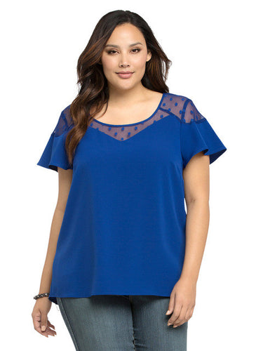Women Mesh Patchwork Polka Dot Shirt Top See Through Navy Blue Butterfly Short Sleeve Big Size Plus Sizes 2Xl 3Xl Shirt Casual
