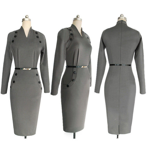 Women Military Dress Button V Neck Pencil Bodycon Dresses With Long Sleeves Plus Size Work Office Dress Retro Aliexpress India