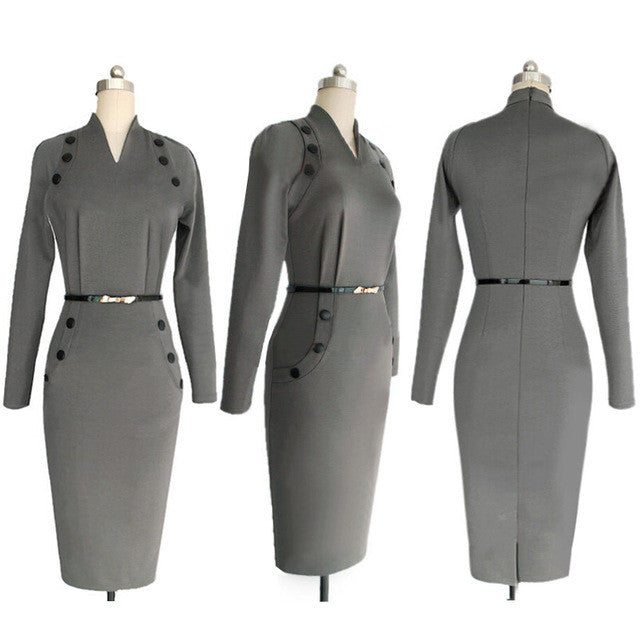 Women Military Dress Button V Neck Pencil Bodycon Dresses With Long Sleeves Plus Size Work Office Dress Retro Aliexpress India