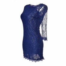 Women Mini Sexy Dress Blue Eyelash Lace Long Sleeve Plus Size Mesh Hollow Out Ethnic Slim Dresses Bodycon Elegant Dress Retro