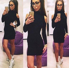 Women Off Shoulder Turtle Neck Mini Black Dress 2015 Winter Dress Causal Plus Size Hollow Out Bandage Dress Causal Fashion 2016