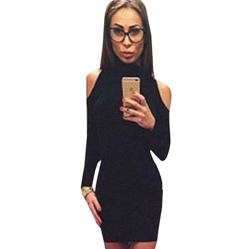 Women Off Shoulder Turtle Neck Mini Black Dress 2015 Winter Dress Causal Plus Size Hollow Out Bandage Dress Causal Fashion 2016