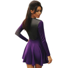 Women PU Cotton Patchwork Purple Dress White Long Sleeve Skater Dress High Waist Mini Dress Causal Two-tone Elegant Dresses