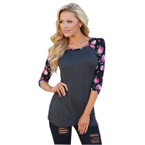 Women Patchwork Flower Print Sleeve Floral Grey Long Shirt Vintage Top Fashion Casual Cute Ladies Tops New 2015 Fall Fashion
