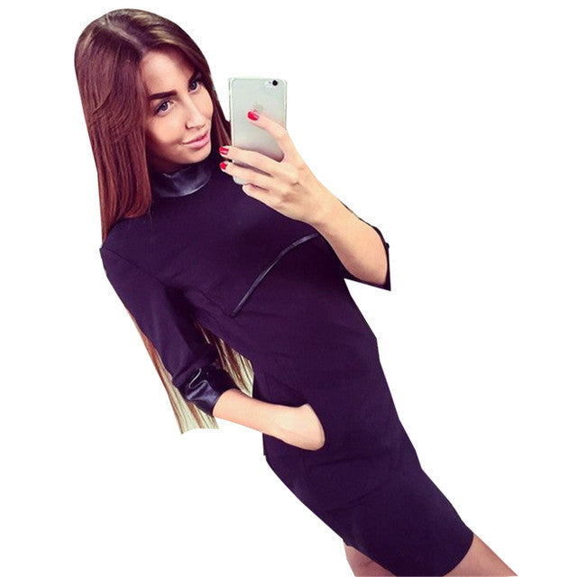 Women Patchwork Red Dress High Waist PU Turtle Neck Black Formal Dress 2016 Winter Dress Fashion Bodycon Causal Wear To Work